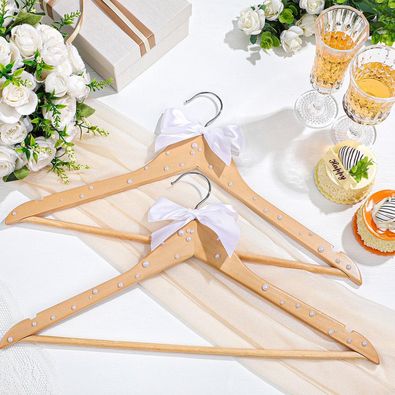 Wonderjune 10 Pcs Bridesmaid Hangers for Wedding Bride Groom Ribbon Bow Pearl Hanger Wood Color Elegant Wooden Dress for Bridal Shower Tuxedo Photo Keepsake Party Gift(Pearl Bow,White)