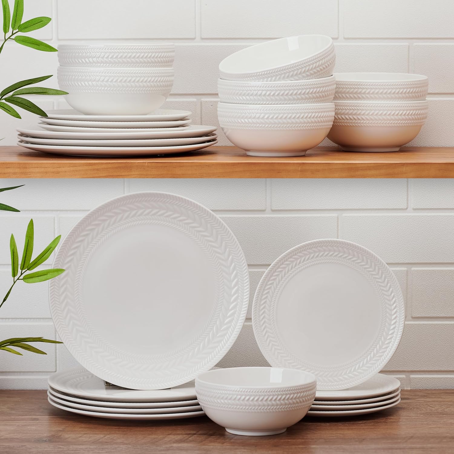 Pfaltzgraff Josephine 24-Piece Dinnerware Set - Elegant Embossed Basket Weave Design | Service for 8, White, Microwave & Dishwasher Safe