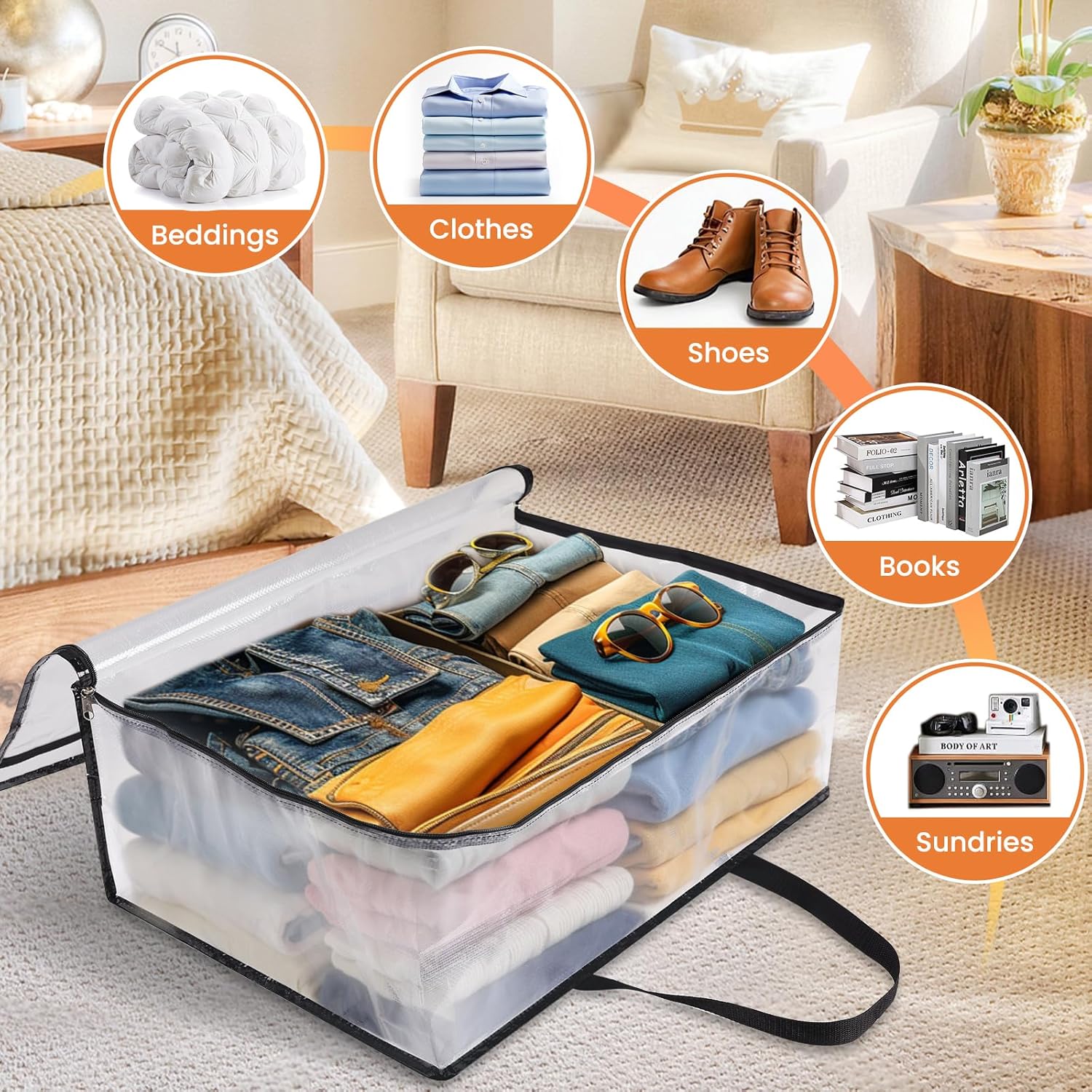 TasticTotes Clear Storage Bags - 6 Pack for Comforters, Clothes & Bedding | Zippered Under-Bed Organizer (40L)