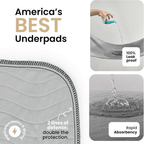 IMPROVIA® Washable Underpads - Heavy Absorbency Reusable Incontinence Pads for Kids, Adults, Pets | Waterproof Grey & White (4 Pack - 18x24)