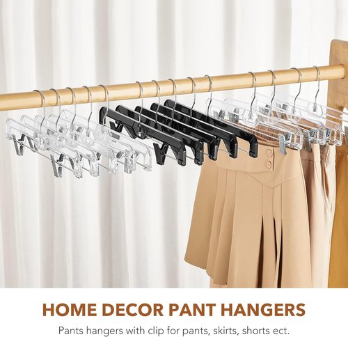 HOUSE DAY Black Pants Hangers - 12 Pack Plastic Clip Hangers for Skirts, Jeans & Shorts | 14-Inch with 360-Degree Swivel Hook