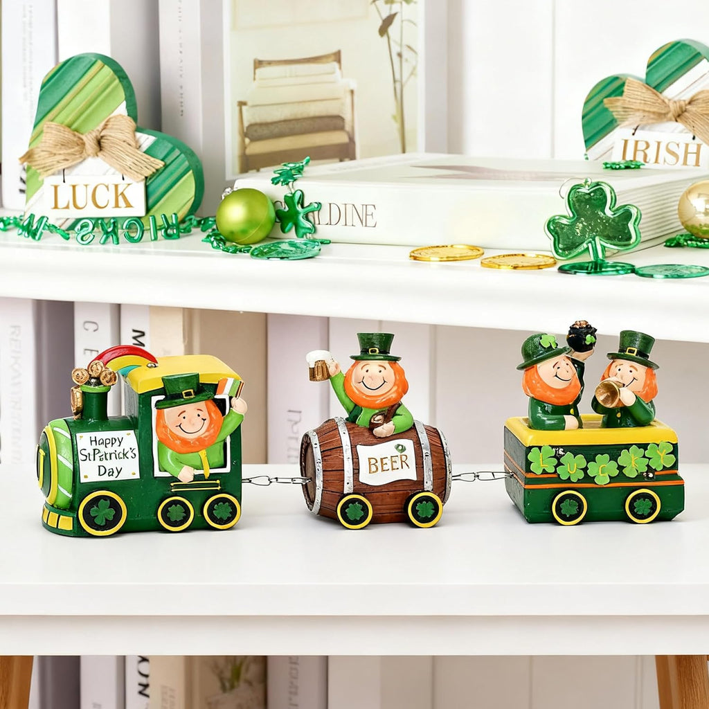Valery Madelyn St. Patrick's Day Decorations - Lighted LED Leprechaun Train with Shamrock & Pot of Gold | Festive Table Centerpiece