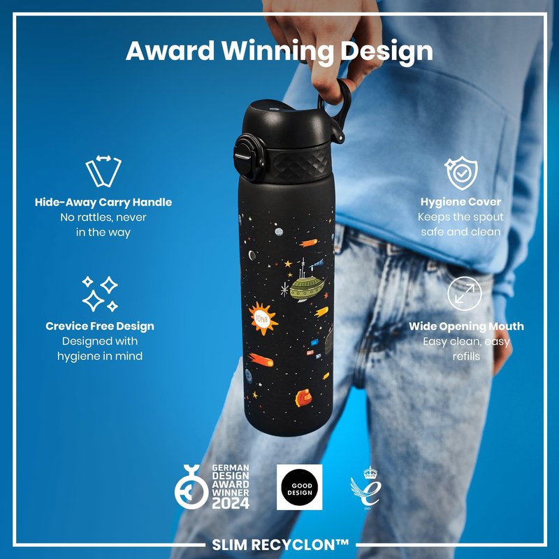Ion8 Water Bottle, 500 ml/18 oz, Leak Proof, Easy to Open, Secure Lock, Dishwasher Safe, BPA Free, Hygienic Flip Cover, Carry Handle, Easy Clean, Odor Free, Carbon Neutral, Black, Spaceships Design