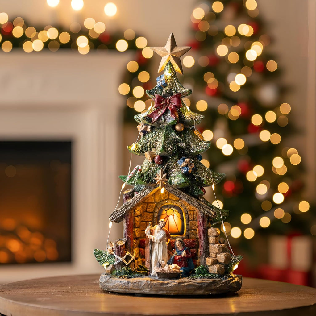 VISFLAIR 12'' Christmas Tree Nativity Scene - Lighted Musical Holy Family Figurines with LED & Silent Night Music