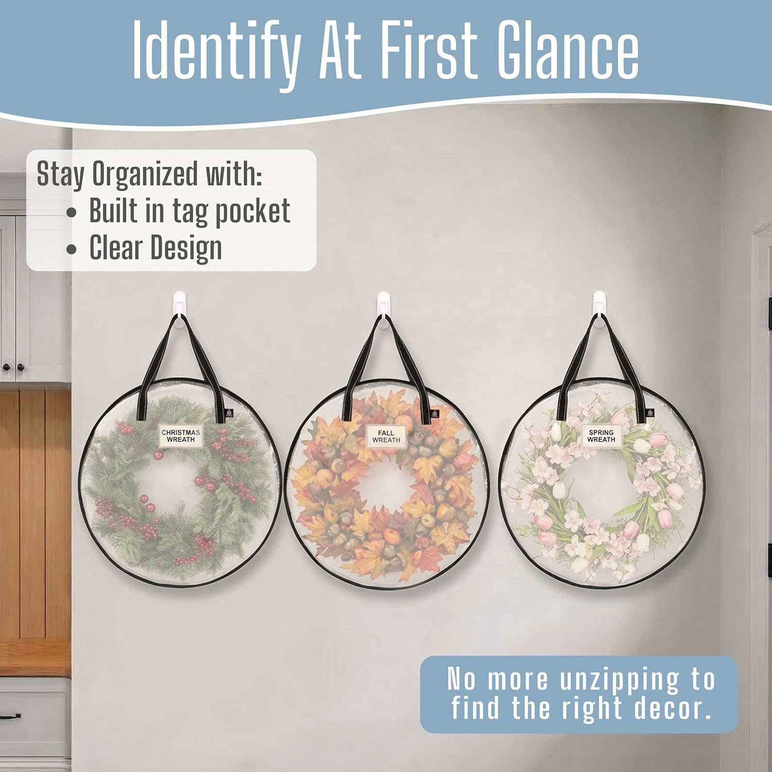 VENO Wreath Storage Container - 24 Inch Heavy-Duty Clear Bag with Wall Hanging Handles | 4 Pack