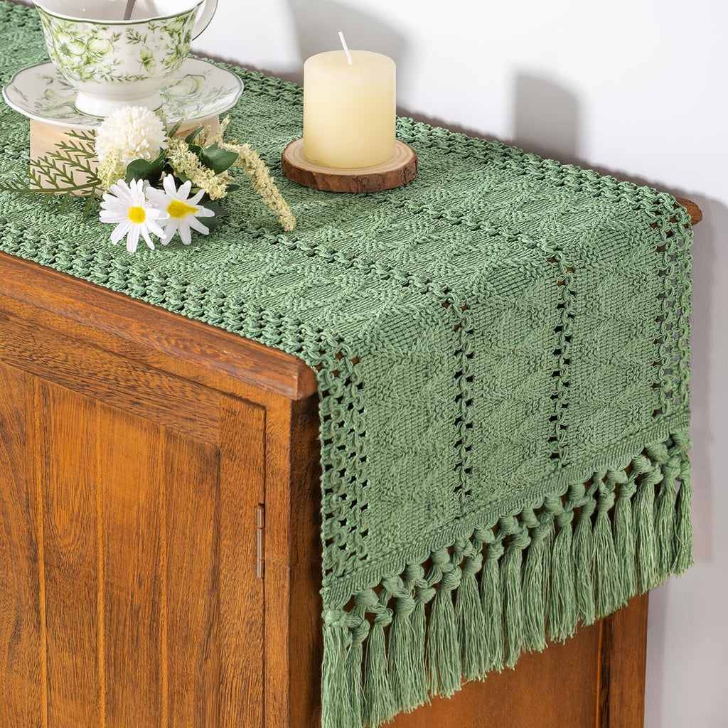 Socomi Sage Green Boho Table Runner - Rustic Macrame Woven Cotton Linen Decor | 12x60 Inch for Spring Dining
