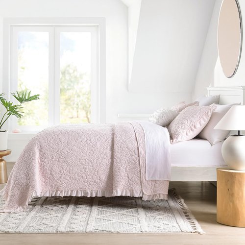 HORIMOTE HOME Pink Ruffled Quilt Queen Size, Stone-Washed Microfiber Lightweight Crinkled Farmhouse Rustic Shabby Chic Bedding Set, 3 Pieces Reversible Bedspread with Pillow Shams for All Season