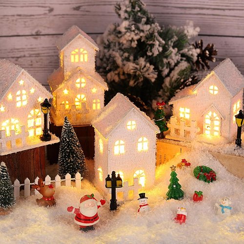 Fovths Christmas Village Set - 35 LED Lighted Houses with Mini Figurines & Snow | Winter Table Decor