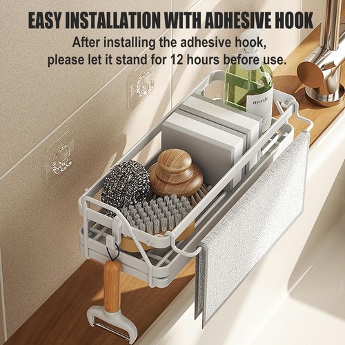 ASYEHJNR Sponge Holder Wall Mount Kitchen Sink Organizer, Dish Sponge Holder with Divider, Kitchen Sink Caddy, Sink Accessories-White