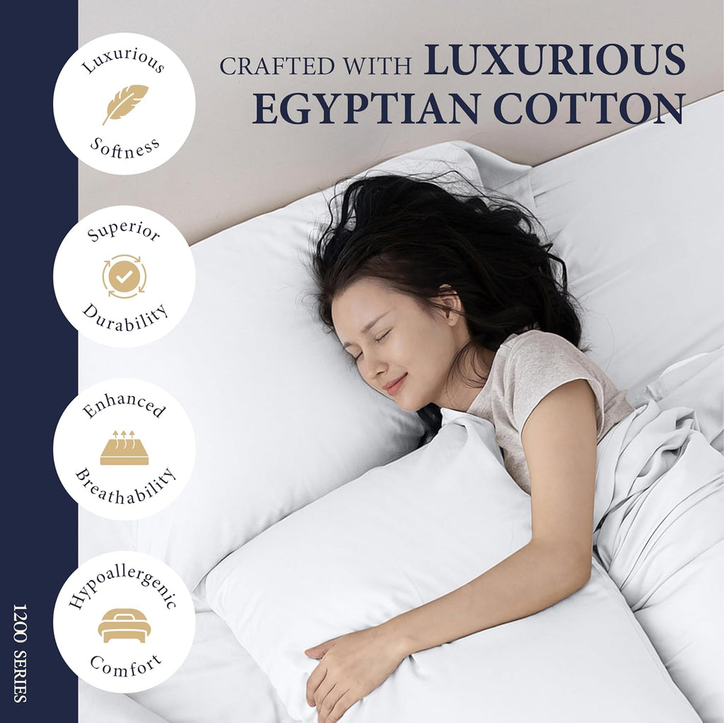 Signature Collection 100% Egyptian Cotton King Size Sheets Set - Luxury 1200 Series, Soft Cooling, 4 PC, White