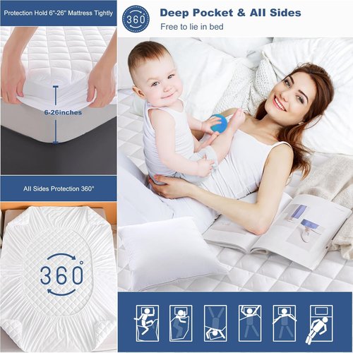 GRT Queen Waterproof Mattress Pad - 100% Noiseless Quilted Protector | Fits 8"-26" Deep Mattresses
