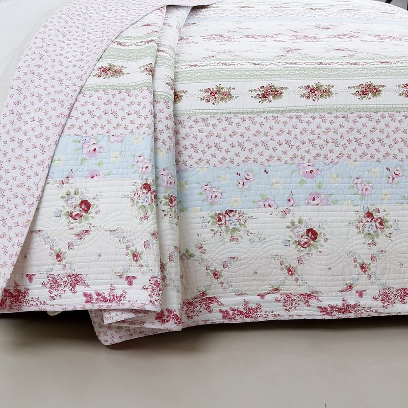 100% Cotton 3 Piece Queen Quilt Bedding Set, Wild Rose Floral Striped Reversible Coverlet, Bedspread