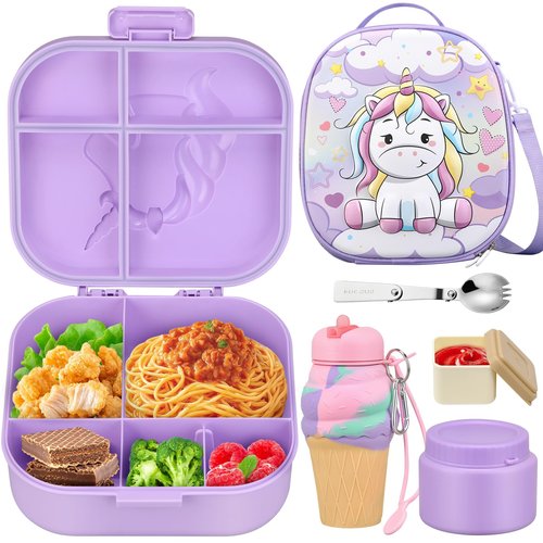Aimsnk Kids Lunch Box Set -12oz Insulated Food Jar, Thermal Bag,Leakproof Lunch Food Containers Cutlery (BPA Free)-Gift for Girls/Boys Age 3-10(Purple+Purple Jar)
