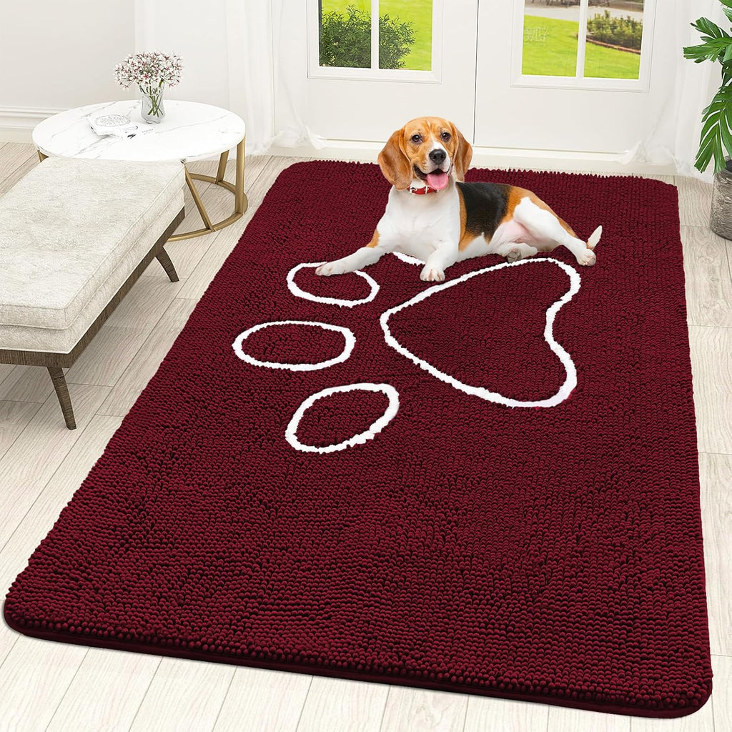 OLANLY Dog Door Mat - Absorbent Non-Slip Mud Mat for Muddy Paws | 70x46 Paw Print Design, Burgundy