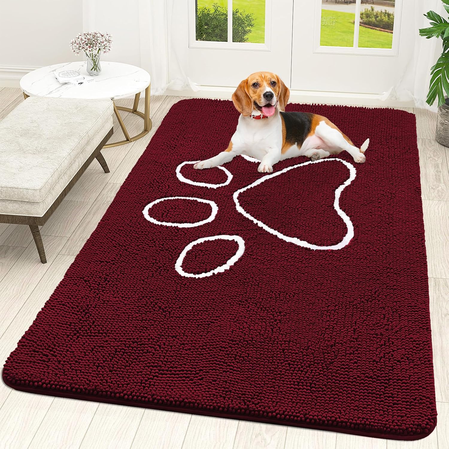 OLANLY Dog Door Mat - Absorbent Non-Slip Mud Mat for Muddy Paws | 70x46 Paw Print Design, Burgundy