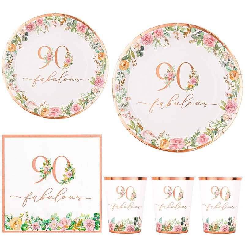 Crisky 90th Birthday Napkins and Plates for Women Rose Gold Floral Party Decoration, 90 and Fabulous Plates and Napkins for Women 90th Birthday.