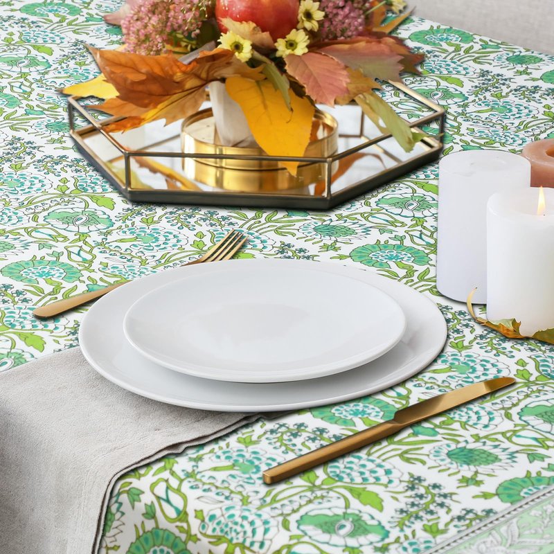 Newtay 60'' x 60'' Cotton Tablecloth Handmade Cotton Floral Tablecloth Washable Print Rectangle Table Cover with Dust Proof Wrinkle Resistant for Kitchen Dining Party Buffet(Green Pattern, Green)