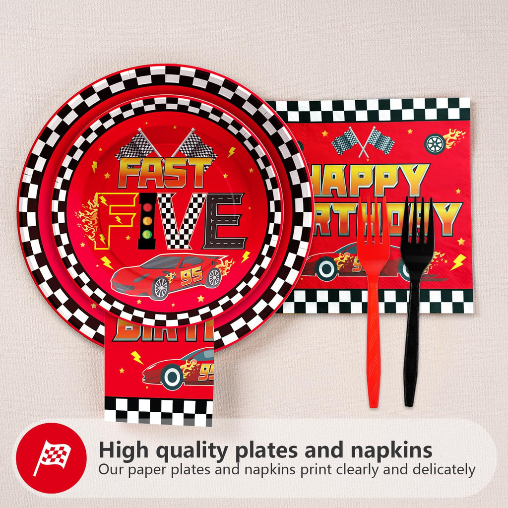 Grencian 96Pcs Red Race Car 5th Birthday Party Decorations Supplies Hot Car Plates and Napkins Racing Themed Disposable Tableware Set for 5 years old Boys Transportation Birthday Party Serve 24