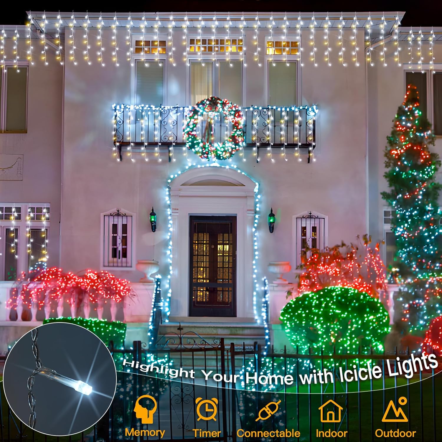 Suddus Christmas Icicle Lights - 24 Drops, 23.6ft Waterproof LED String Lights for Outdoor Use | Perfect for Houses, Roofs, and Parties