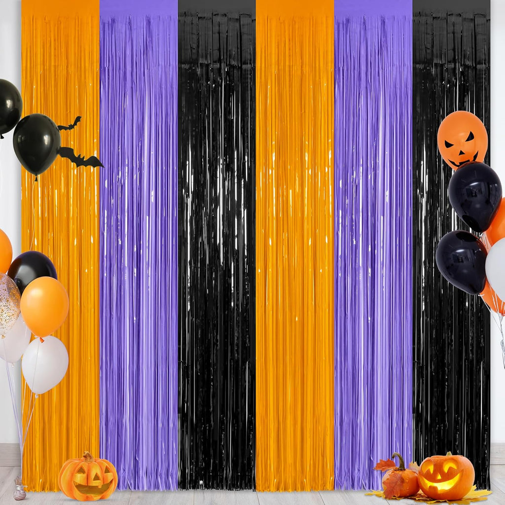 Regine Switzerland Halloween Backdrop - 2 Pack Foil Fringe Curtains | 3.28 FT x 7.05 FT, Orange & Purple Tinsel Decor