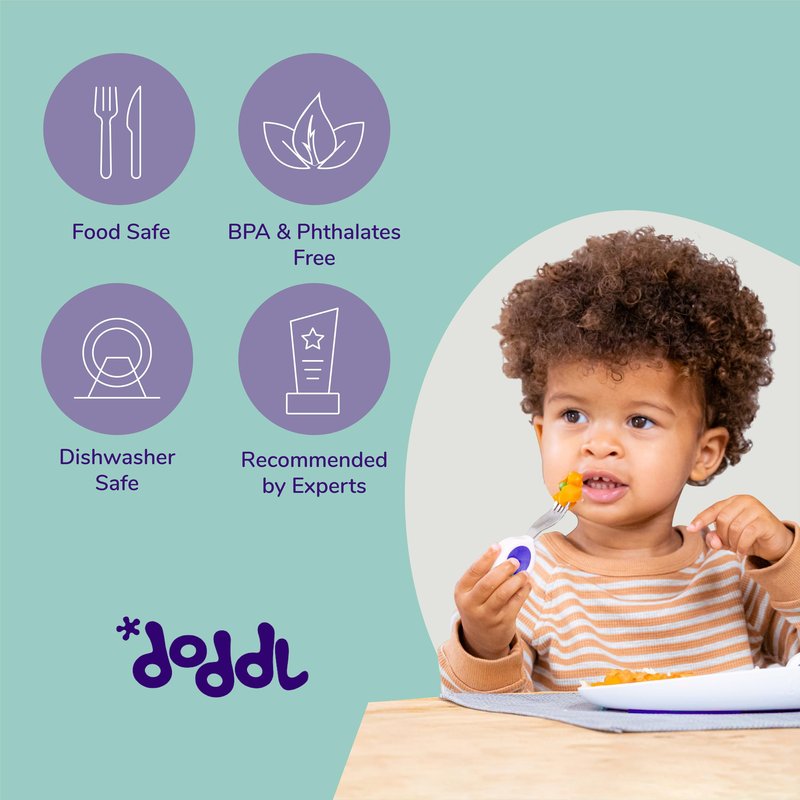 doddl Toddler Utensils, Ergonomic Fork and Spoon Set for Self Feeding, Stainless Steel Silverware for 1-3 Year Olds, BPA Free, Dishwasher Safe (Aqua (Triple Pack))