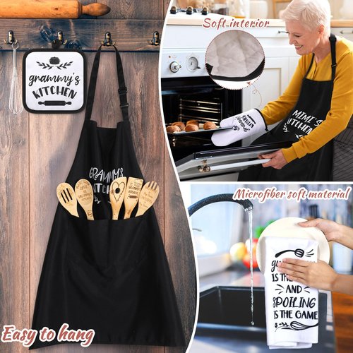 Leyndo 10 Pcs Christmas Grammy Kitchen Gifts Set Include Apron Tea Towel Tea Spoon Pot Holder Oven Mitt Bamboo Kitchen Cooking Spatula Baking