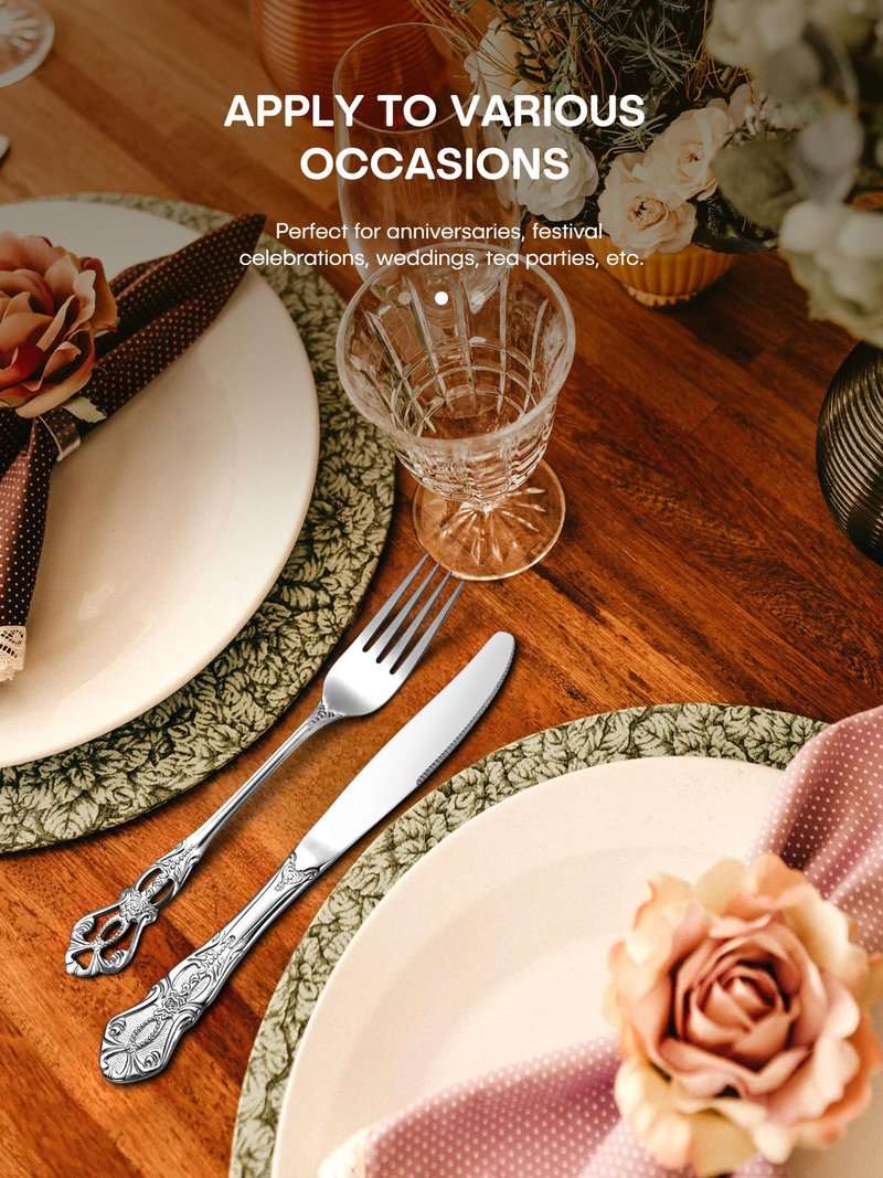 Stapava 48 Pcs Gorgeous Retro Royal Silverware Set with Steak Knives, Stainless Steel Cutlery Flatware Set for 8, Include Forks Spoons and Knives set, Dishwasher Safe Utensils Set, Mirror Polished