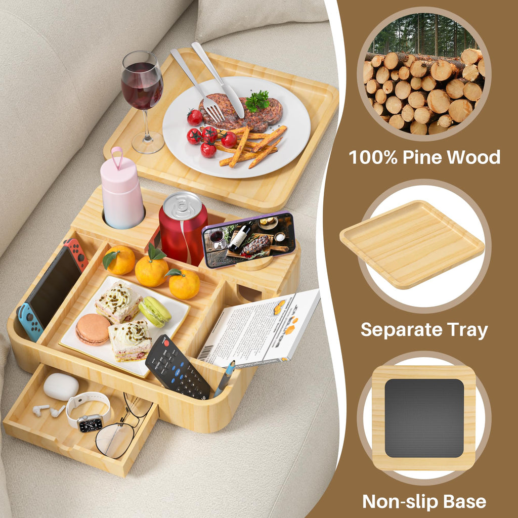 Couch Cup Holder, Couch Tray Cup Holder Sofa Tray, Large Capacity Two-Tier Wooden Trays with Drawer for Sofa, Bed, Picnic, Drinks, Snacks, Remote, Cell Phone, Headphones (Solid Pine Wood)12.8*12.8 in