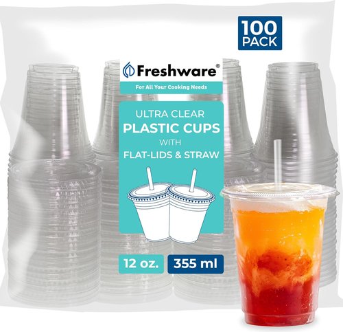 Freshware 12 oz Clear Disposable Plastic Cups - Heavy-Duty Tumblers with Lids & Straws | 100 Pack for Parties