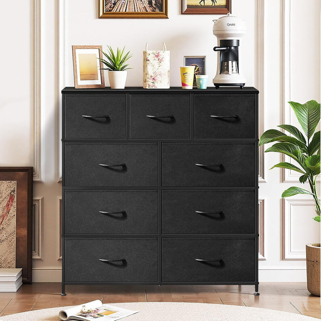 Regine Switzerland 9-Drawer Dresser - Anti-Tip Tall Storage Organizer with Wooden Top & Metal Frame - Black
