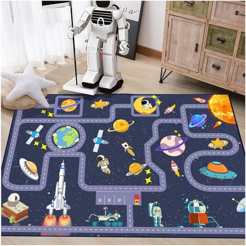 Pyrrhite Outer Space Kid Rug，Boys Car Rug for Kids Toy Cars Have Fun Safely, Non-Slip Educational City Road Rugs Carpets for Kid Room Bedroom（70×47 in