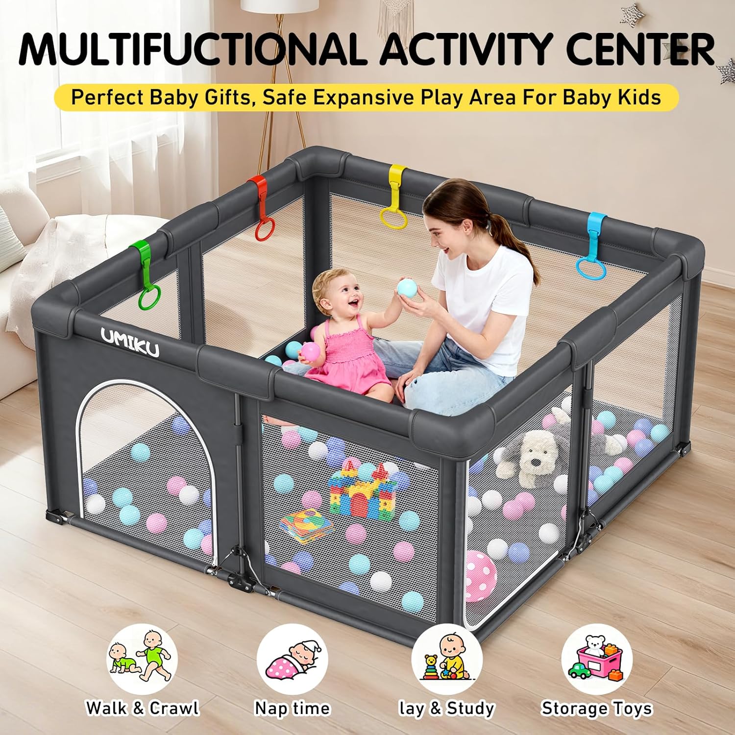 Skiennix Foldable Baby Playpen - Large Portable Play Yard for Indoor/Outdoor Use | 50" x 50" Dark Grey