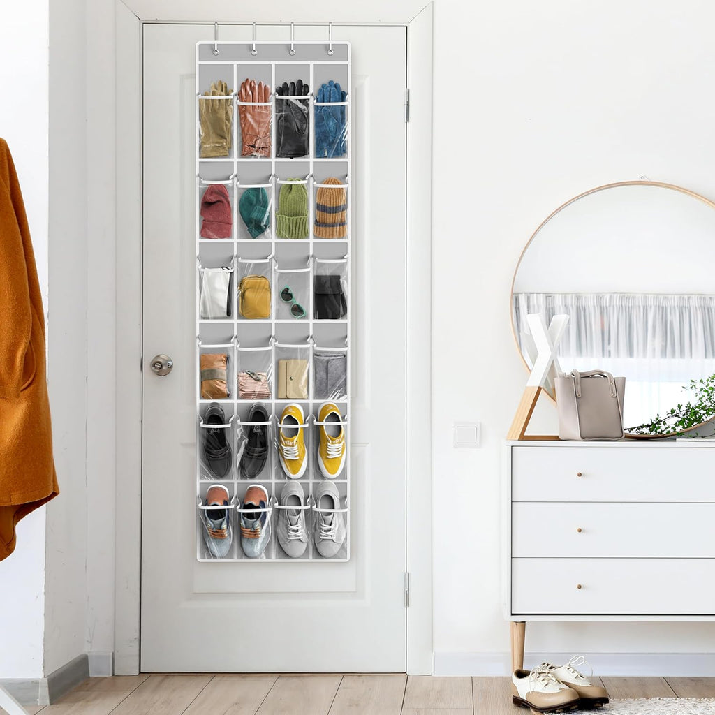 Simple Houseware 24 Pockets Over The Door Hanging Shoe Organizer - Crystal Clear, Gray (64'' x 19'')