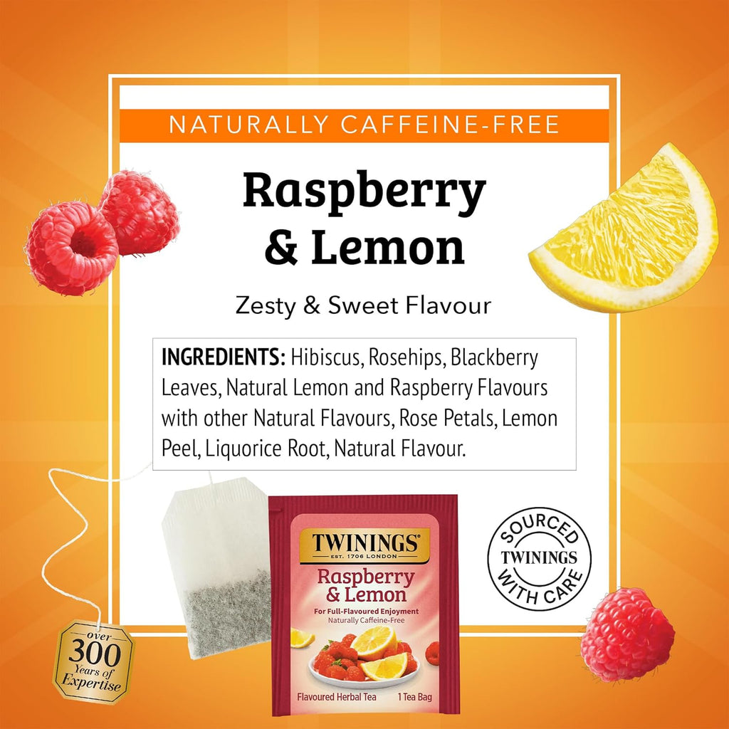 Twinings Raspberry & Lemon Herbal Tea - Refreshing & Fruity, Caffeine-Free, 20 Individually Wrapped Bags