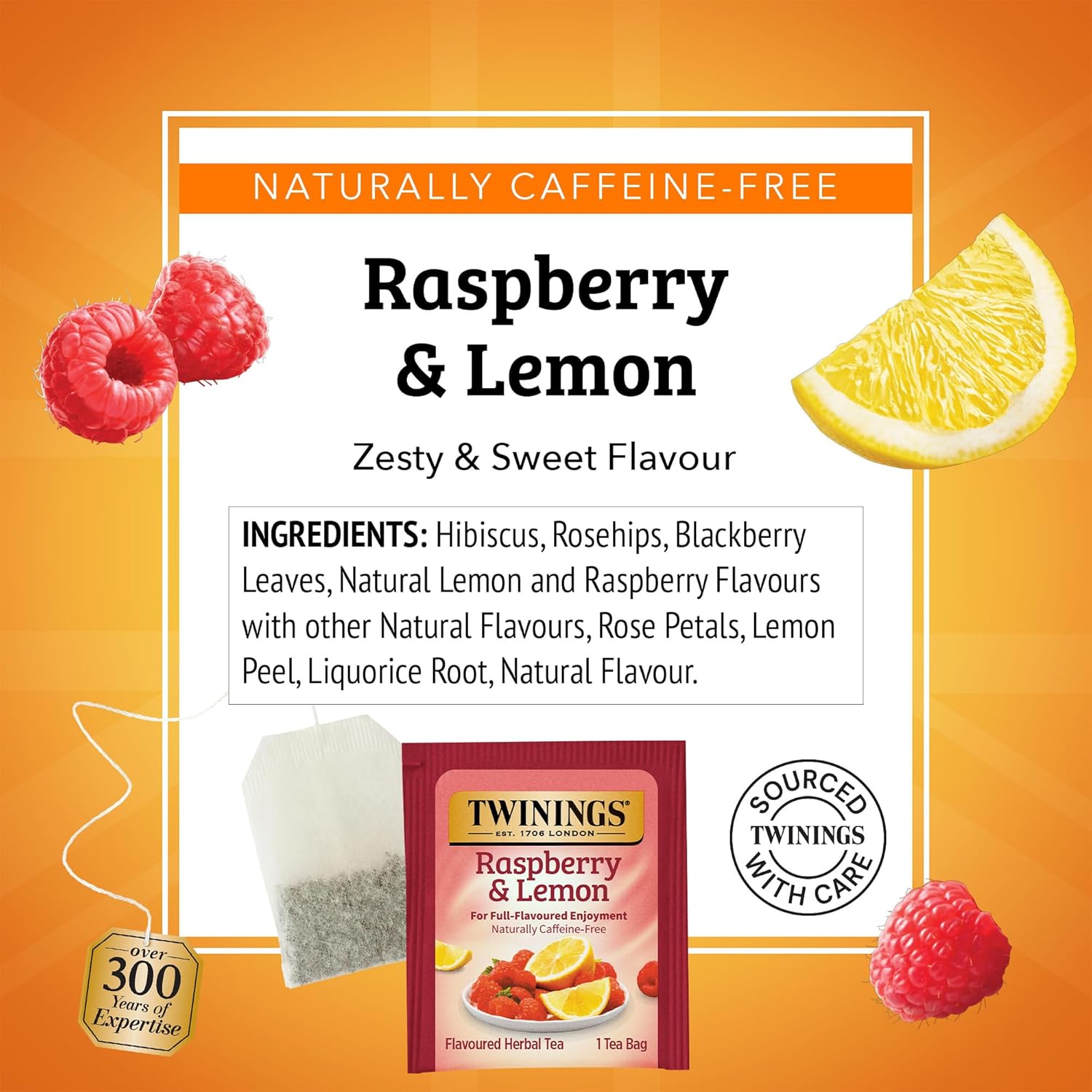 Twinings Raspberry & Lemon Herbal Tea - Refreshing & Fruity, Caffeine-Free, 20 Individually Wrapped Bags