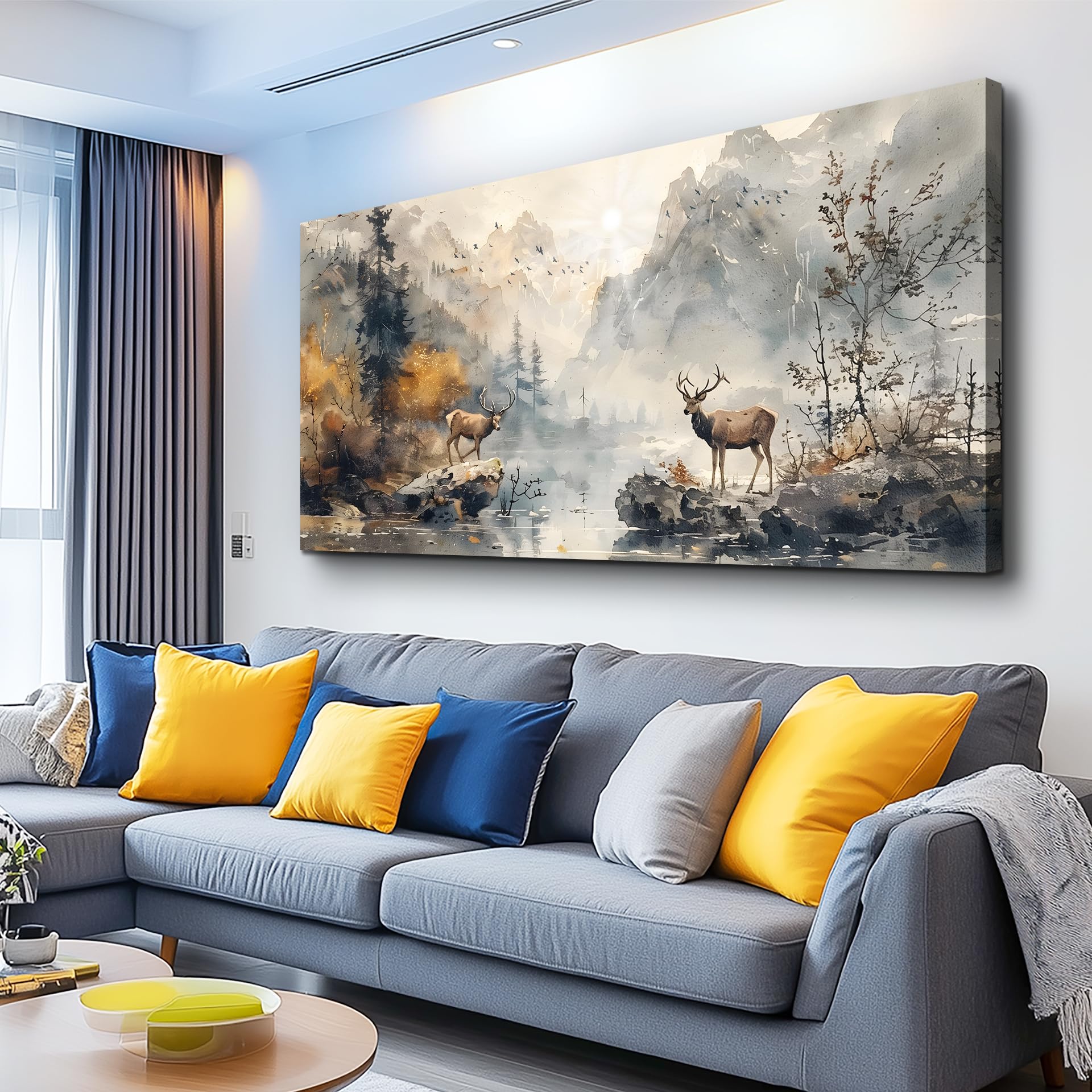 KELIYUAN Framed Canvas Wall Art Decor Living Room Large Wall Decorations For Office Mountain Landscape Ink Painting Abstract Pictures Bedroom Wall Decor Artwork Room Mural Home Decor 24x48 In