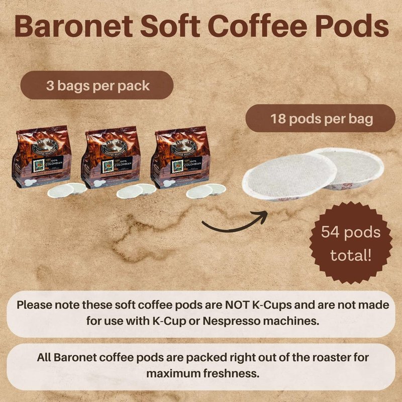 Baronet Coffee Pods [100% Colombian - 54 Pods] Single Cup Use for Senseo Coffee Machine - 3 Bags of 18 Single Serve 8 Gram, Regular Strength, Medium Roast [100% Colombian]