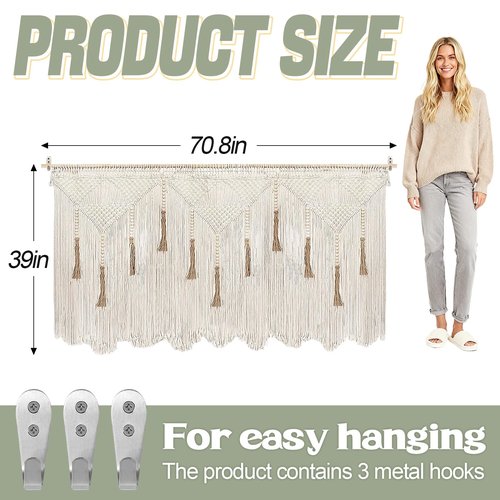 Extra Large Macrame Wall Hanging 70.8" × 39" Boho Tapestry Woven Decor- Cotton Tassel Curtain Beige Chic Bohemian Wall Art for Home Living Room Bedroom Dorm Wedding (Includes Rod)