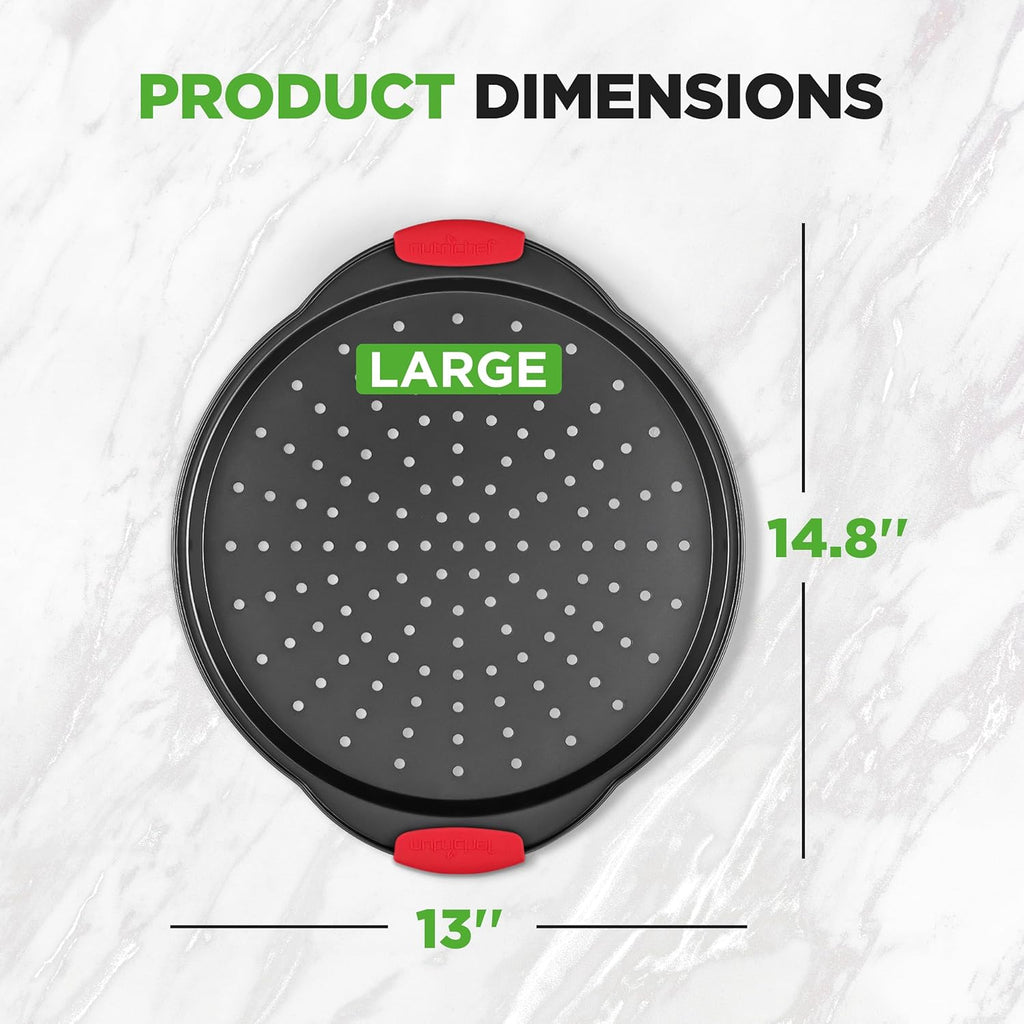 NutriChef 13-Inch Nonstick Pizza Tray - Round Carbon Steel Pan with Perforated Holes & Silicone Grip Handles