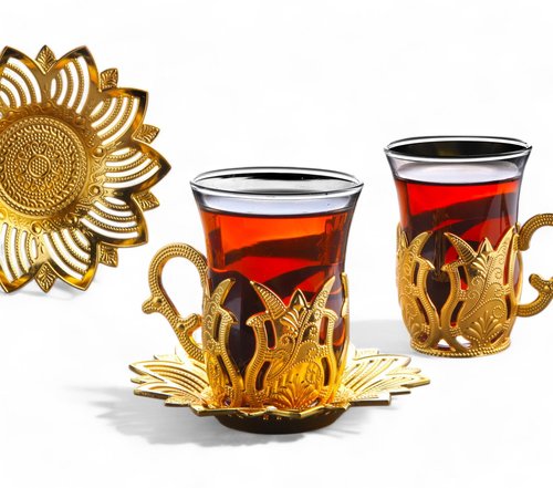 Alisveristime Turkish Tea Set for Six, Zamac Holders with Glass Cups, and Zamac Saucers - 6-Piece Elegant Serving Set (Ahsen) (Gold)