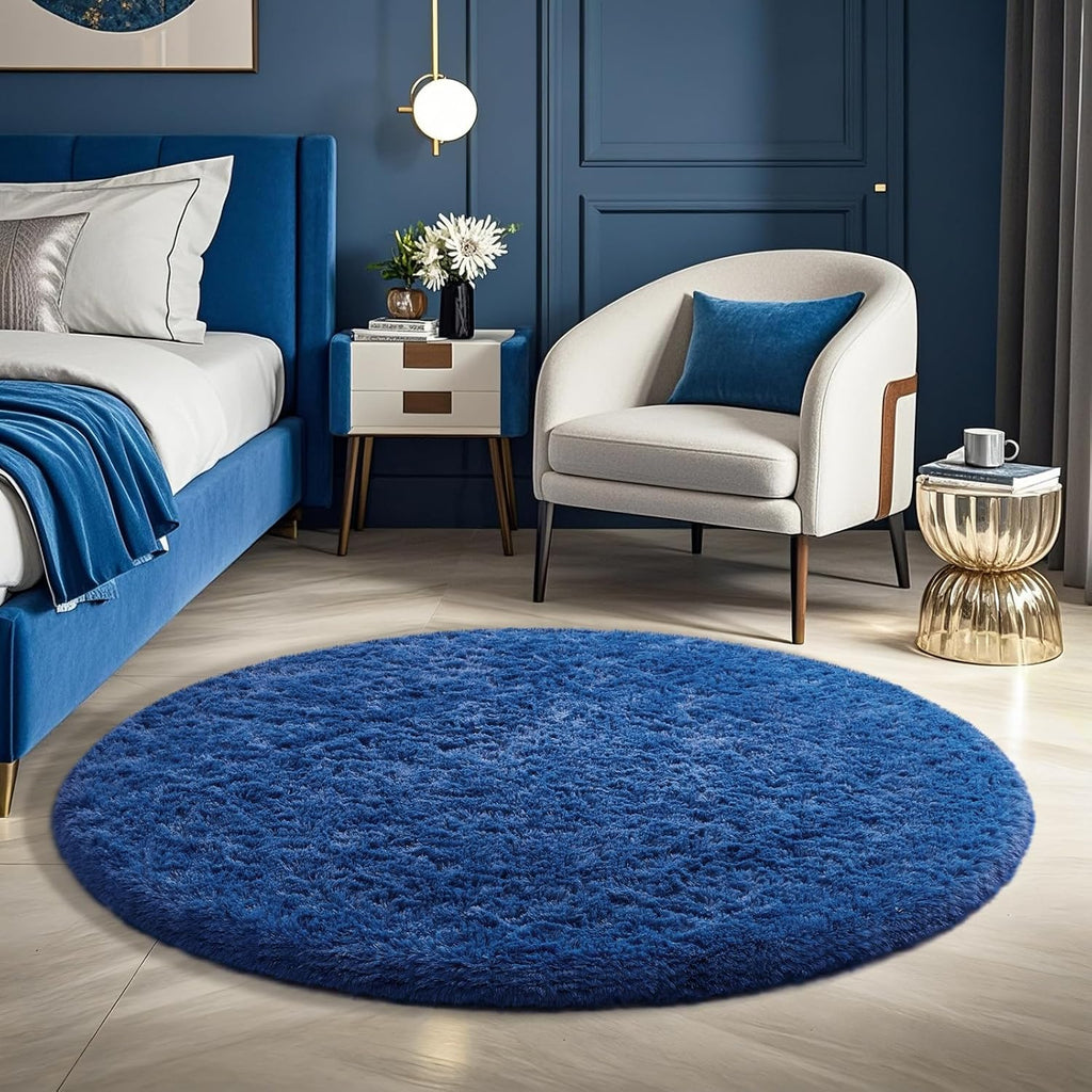 Ophanie Blue Round Rug - 4Ft Circle Area Rug for Boys Room | Fluffy Plush Soft Carpet for Kids' Decor