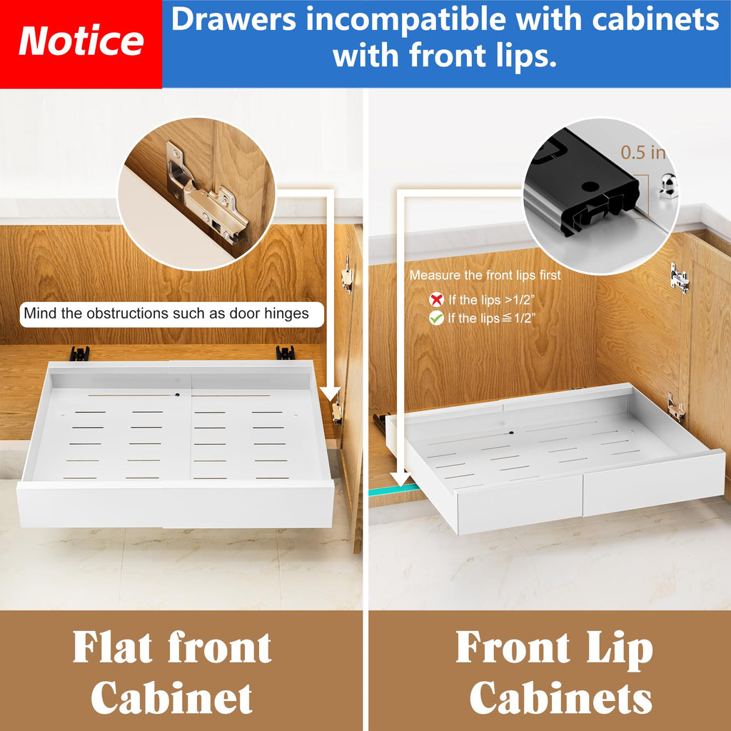 Expandable Slide Out Drawer for Cabinets (12.7"-19.7"), Adhesive Carbon Steel Pull Out Drawers for Kitchen Cabinet, Pantry Shelves and Bathroom Vanity - 16.9'' Depth x 3.1'' Height.