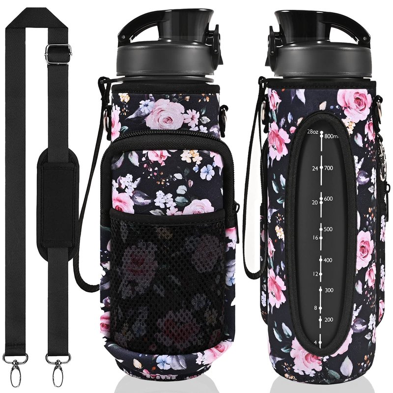 Newfad 32 oz Water Bottle with Straw and Sleeve, Motivational Water Bottle with Time Marker and Adjustable Shoulder Strap, BPA Free Leakproof Sport Water Jug for Hiking, Gym