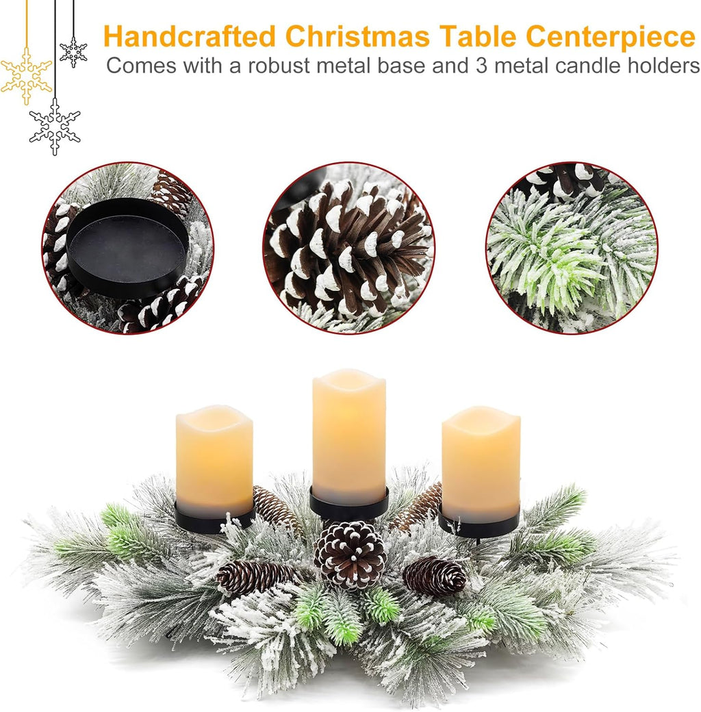Regine Switzerland Christmas Table Centerpiece - 27.5 Inch Flocked Pine Needles & Frosted Pine Cones | Snowy Design