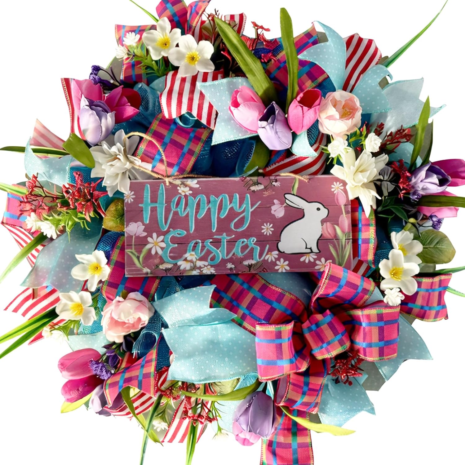 Skiennix 22-Inch Easter Bunny Wreath - Spring Decor with Pink Tulips & Flowers for Indoor/Outdoor Use