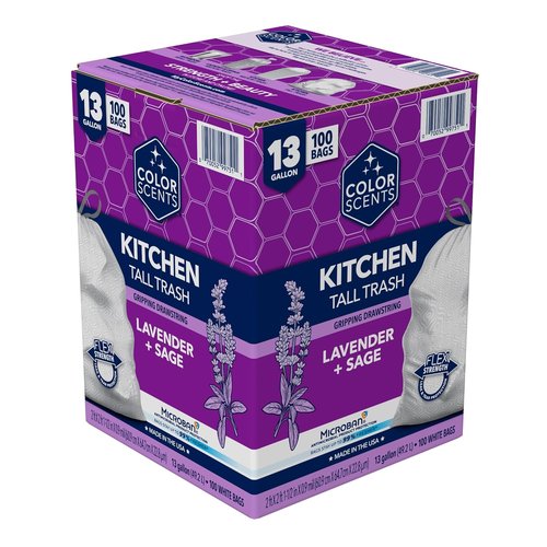 Color Scents Tall Kitchen Trash Bags - 13 Gallon, 100 Count, Lavender & Sage Scented with Microban
