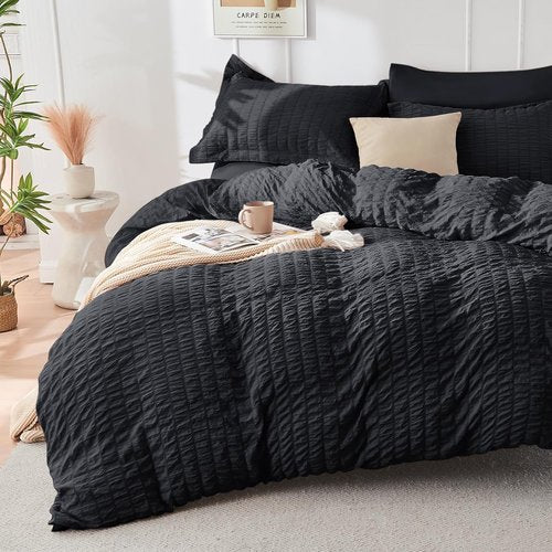 HYMOKEGE Ultra Soft Black Duvet Cover Set - 3-Piece Queen Size Seersucker Bedding with Zipper Closure & 8 Corner Ties (90"x90")