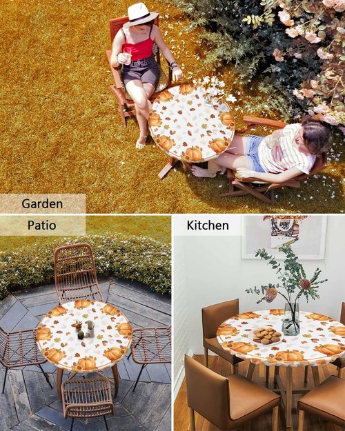 Fall Thanksgiving Pumpkin Kitchen Cover, Orange Buffalo Plaid Fitted Tablecloth for Round Tables, Waterproof with Elastic Edge, Autumn Maple Leaves White Circle Table Covers 36-44in