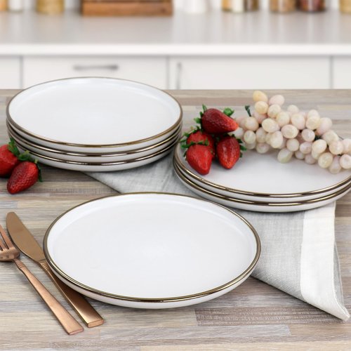 Elama Arthur 6 Piece Stoneware Salad Plate Set in Matt White with Gold Rim (Arthur Paul Salad), 6 Piece Set