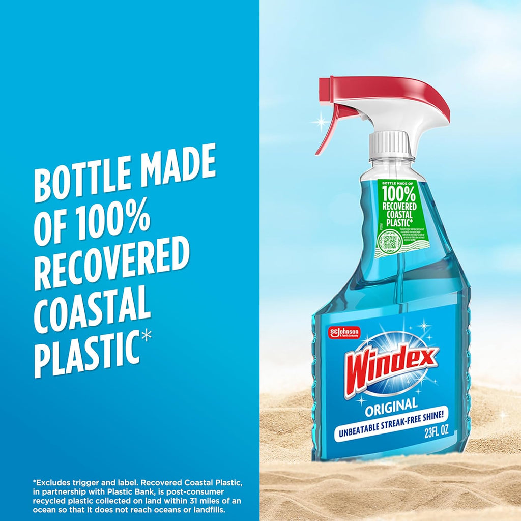 Windex Glass Cleaner Spray - Eco-Friendly 100% Recycled Plastic | Original Blue Scent, 23 Fl Oz (Pack of 6)